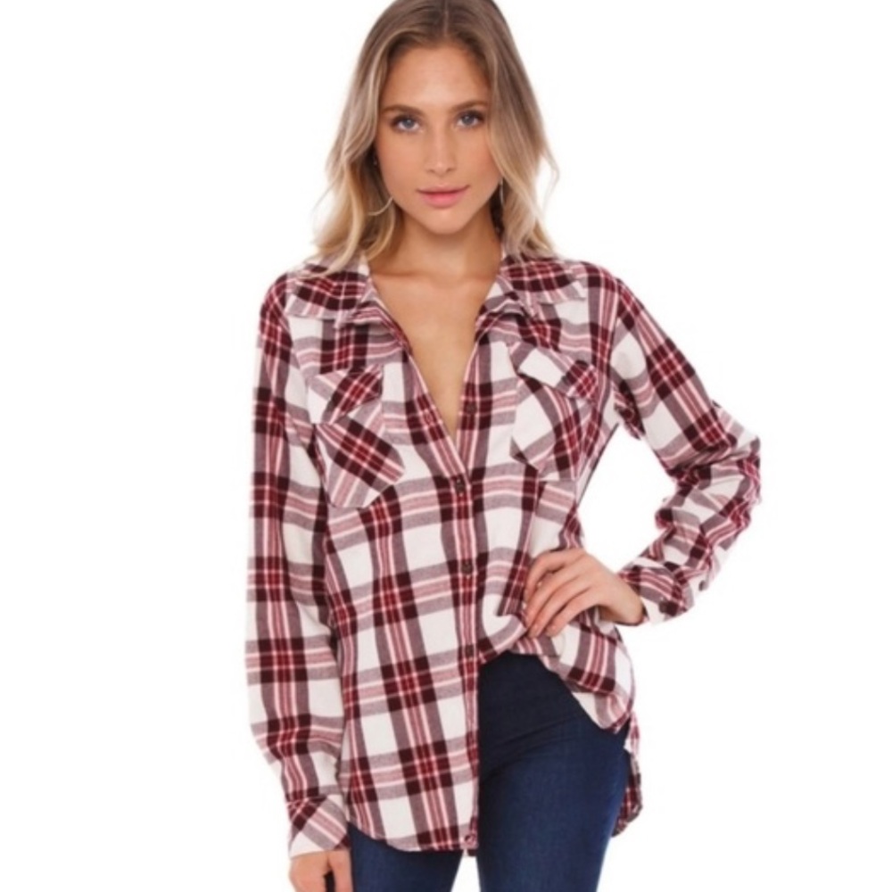 🌸NWT Sanctuary Boyfriend Maroon Plaid Button Down Shirt. Lightweight Flannel. M - Picture 15 of 15